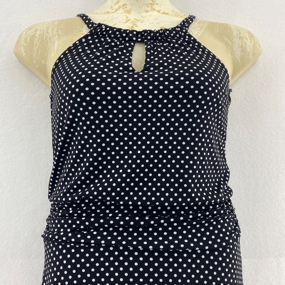Valerie Bertinelli Polka Dot Halter Dress Keyhole Ruched Black White Size 4